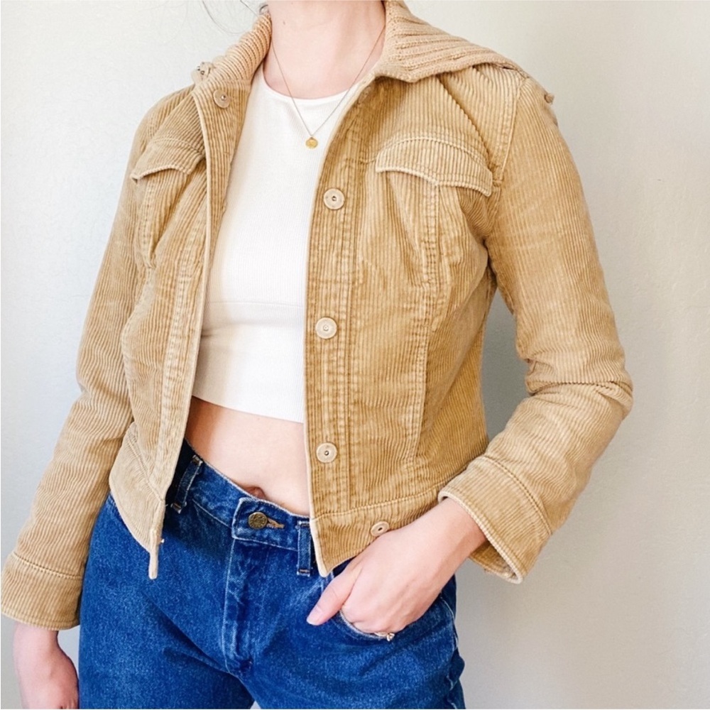 Vintage‎ Y2K J Crew Tan Corduroy Jacket with Knit Sweater Collar